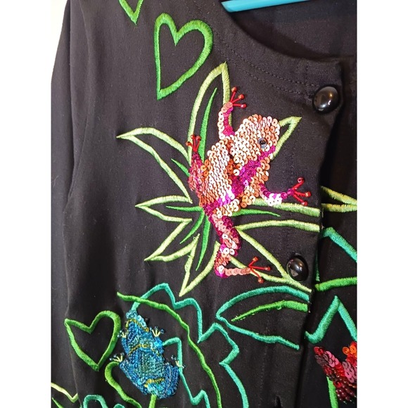 Michael Simon Event Cardigan Sweater Frogs Sequin Artsy Eclectic Size S - Picture 5 of 6